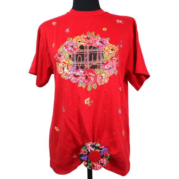 NWT Vintage 80s 90s Red TShirt Floral Glitter Deadstock Bobby Socks Small Medium - Picture 1 of 9
